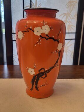 Vintage Japanese MCM Orange Vase w/ Hand Painted White Blossoms